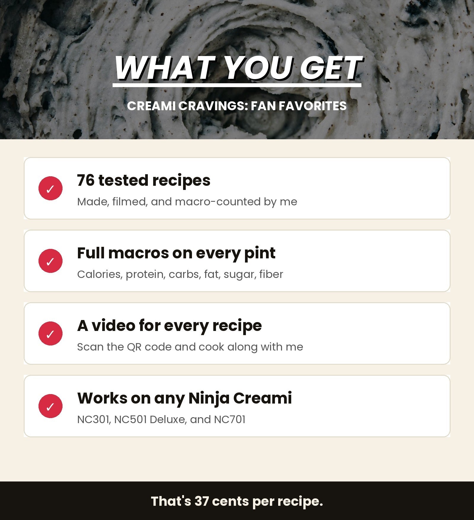 What you get: 76 tested recipes, full macros, a video for every recipe, works on any Ninja Creami