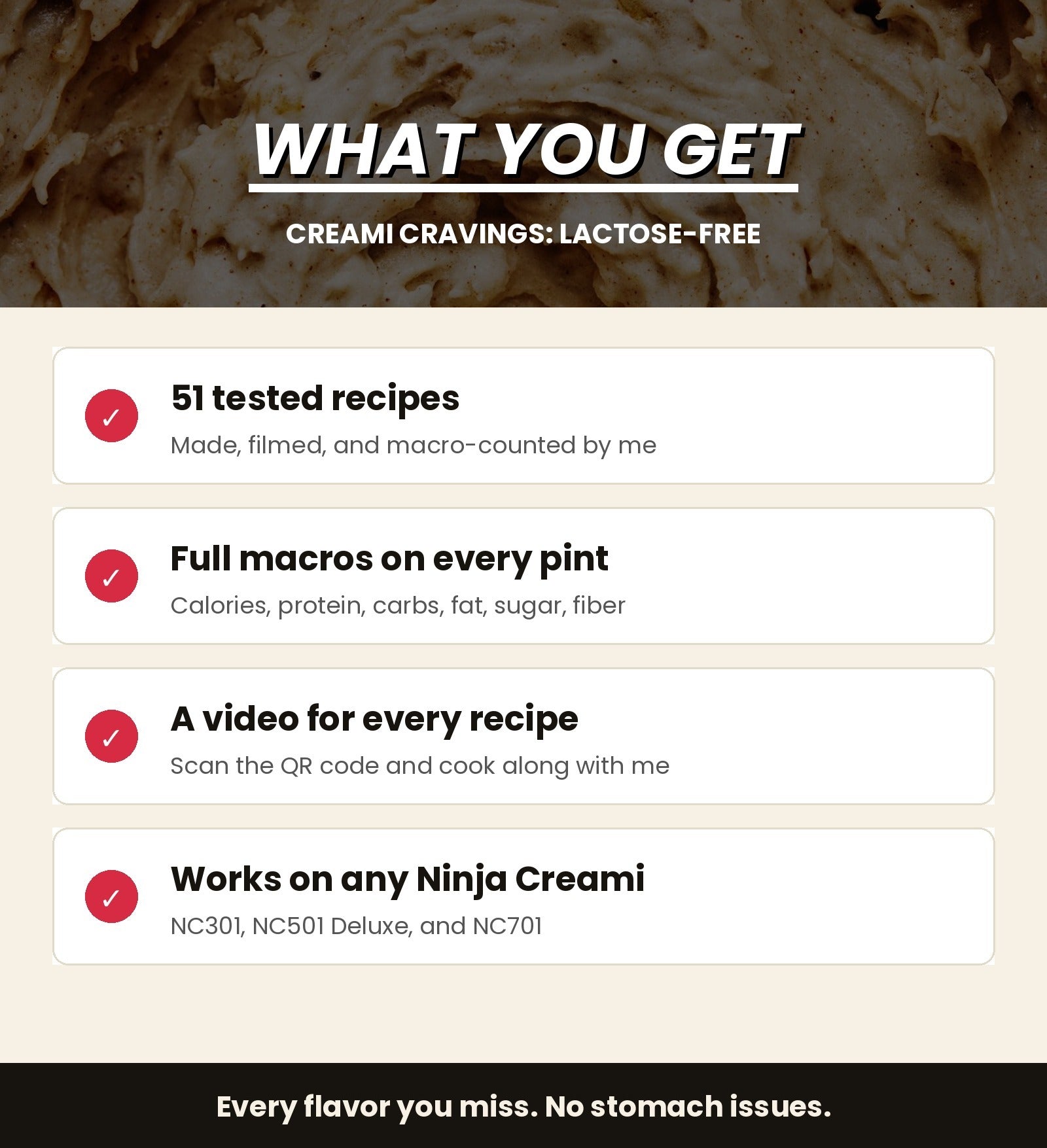 What you get: 51 tested recipes, full macros, a video for every recipe, works on any Ninja Creami